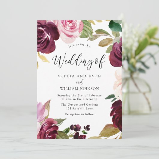 Invitation Burgundy Blush Aquarelle Fleurs Mariage élégant (Debout devant)