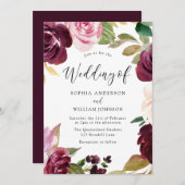 Invitation Burgundy Blush Aquarelle Fleurs Mariage élégant (Devant / Derrière)
