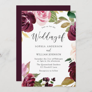 Invitation Burgundy Blush Aquarelle Fleurs Mariage élégant