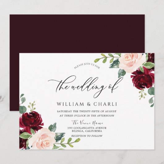 Invitation Burgundy Blush Aquarelle Mariage Floral (Devant / Derrière)