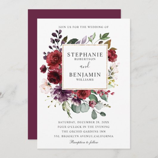 Invitation Burgundy Blush Aquarelle Mariage Floral (Devant / Derrière)