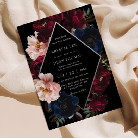 Invitation Burgundy Blush Black Navy Floral Silver Wedding