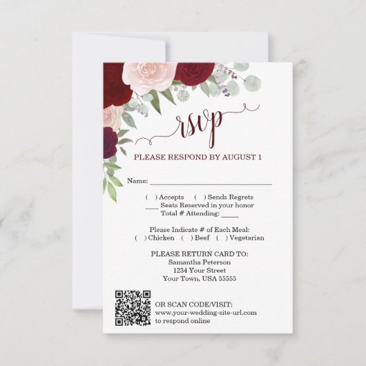 Invitation Burgundy Blush Boho Roses Wedding QR Code RSVP  (Devant)