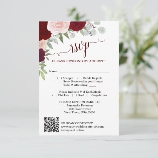 Invitation Burgundy Blush Boho Roses Wedding QR Code RSVP  (Debout devant)