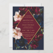 Invitation Burgundy Blush Dark Navy Blue Floral Gold Mariage (Devant)