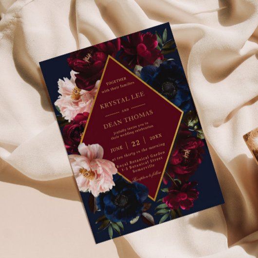 Invitation Burgundy Blush Dark Navy Blue Floral Gold Mariage