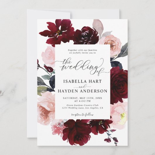 Invitation Burgundy Blush Élégant Mariage floral rose Marsala (Devant)