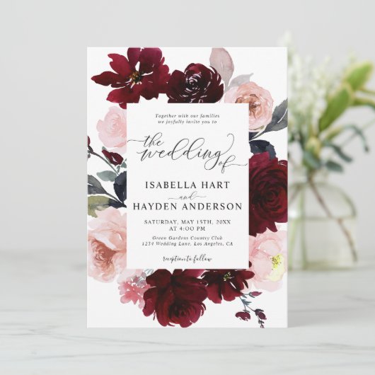 Invitation Burgundy Blush Élégant Mariage floral rose Marsala (Debout devant)
