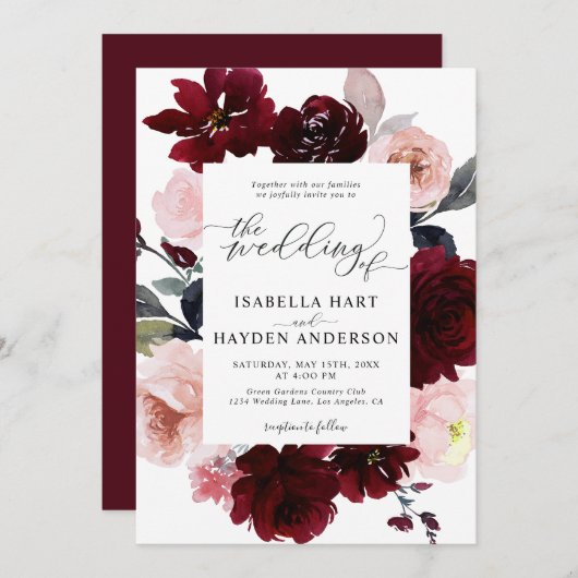 Invitation Burgundy Blush Élégant Mariage floral rose Marsala (Devant / Derrière)