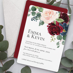 Invitation Burgundy Blush et Navy Floral Mariage