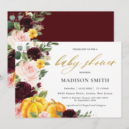 Invitation Burgundy Blush Fall Floral Citrouille Baby shower (Devant / Derrière)