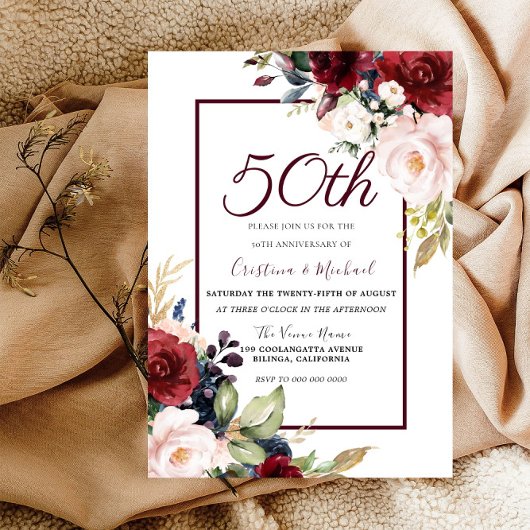 Invitation Burgundy Blush Floral 50 ans de mariage