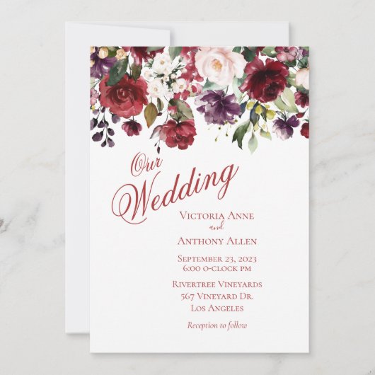 Invitation Burgundy Blush Floral Aquarelle Script Mariage (Devant)