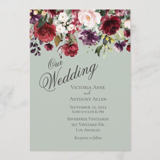 Invitation Burgundy Blush Floral Aquarelle Vert Mariage (Devant)