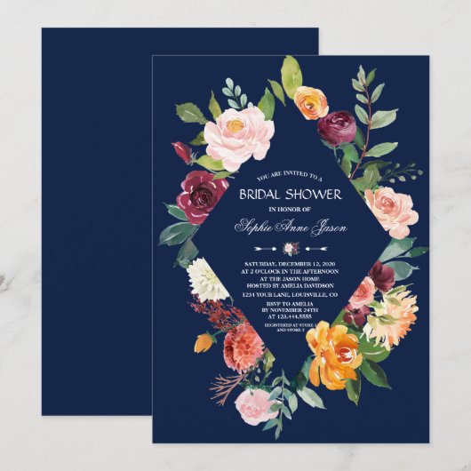 Invitation Burgundy Blush Floral Bleu foncé Fête des mariées (Devant / Derrière)