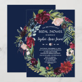 Invitation Burgundy Blush Floral Bleu foncé Fête des mariées (Devant / Derrière)