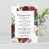 Invitation Burgundy Blush Floral Blue Gold Party (Debout devant)