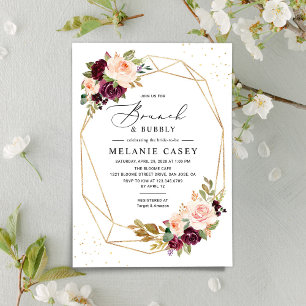 Invitation Burgundy Blush Floral Brunch géométrique et Bubbly