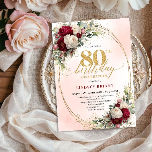 Invitation Burgundy Blush Floral Chic 80th Birthday Invite