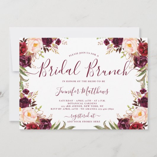 Invitation Burgundy Blush Floral Élégant Script Bridal Brunch (Devant)