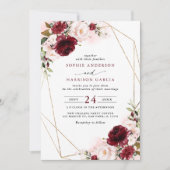 Invitation Burgundy Blush Floral Et Mariage Géométrique Or (Devant)