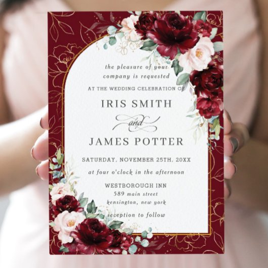 Invitation Burgundy Blush Floral Flowers Arch Mariage or