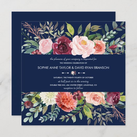 Invitation Burgundy Blush Floral Frame Bleu foncé Mariage (Devant / Derrière)