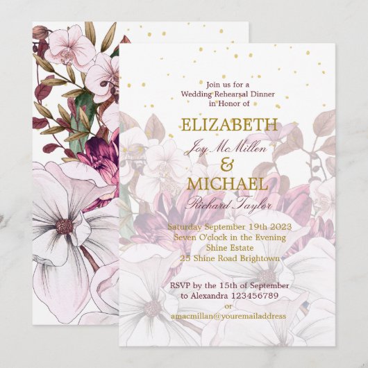 Invitation Burgundy Blush Floral Gold Élégant Mariage chic (Devant / Derrière)