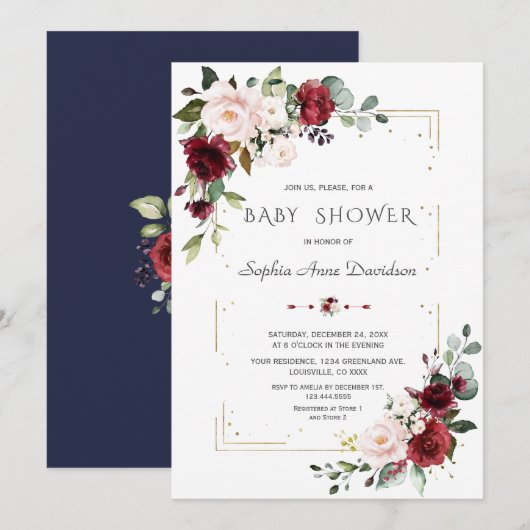 Invitation Burgundy Blush Floral Gold Parties scintillant Bab (Devant / Derrière)