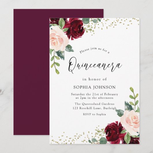 Invitation Burgundy Blush Floral Gold Parties scintillant Qui (Devant / Derrière)