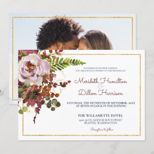 Invitation Burgundy Blush Floral Gold Photo Mariage moderne