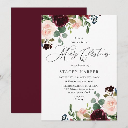 Invitation Burgundy Blush Floral Joyeux Noël Party (Devant / Derrière)