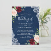 Invitation Burgundy Blush Floral Lace Marine Mariage bleu (Debout devant)