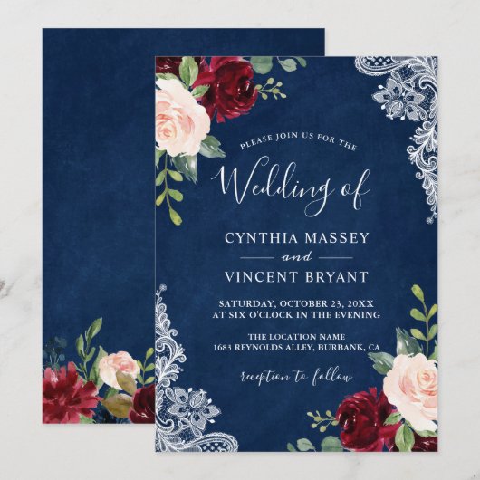 Invitation Burgundy Blush Floral Lace Marine Mariage bleu (Devant / Derrière)