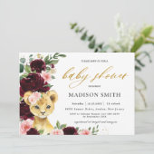 Invitation Burgundy Blush Floral Lion Cub Baby shower     (Debout devant)