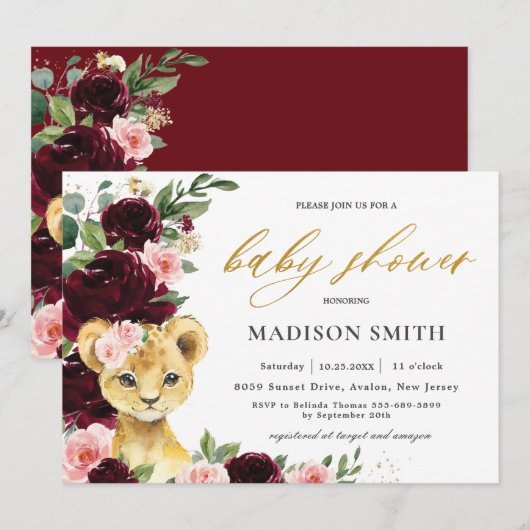 Invitation Burgundy Blush Floral Lion Cub Baby shower     (Devant / Derrière)