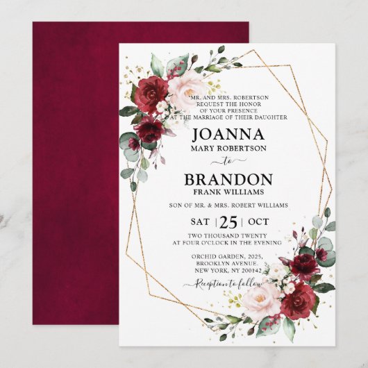 Invitation Burgundy Blush Floral Mariage géométrique (Devant / Derrière)