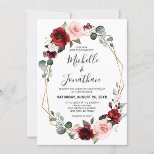 Invitation Burgundy Blush Floral moderne Mariage géométrique