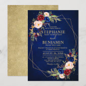 Invitation Burgundy Blush Floral moderne Mariage géométrique (Devant / Derrière)