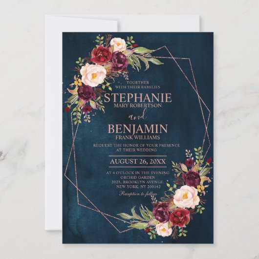 Invitation Burgundy Blush Floral moderne Mariage géométrique (Devant)