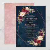 Invitation Burgundy Blush Floral moderne Mariage géométrique (Devant / Derrière)