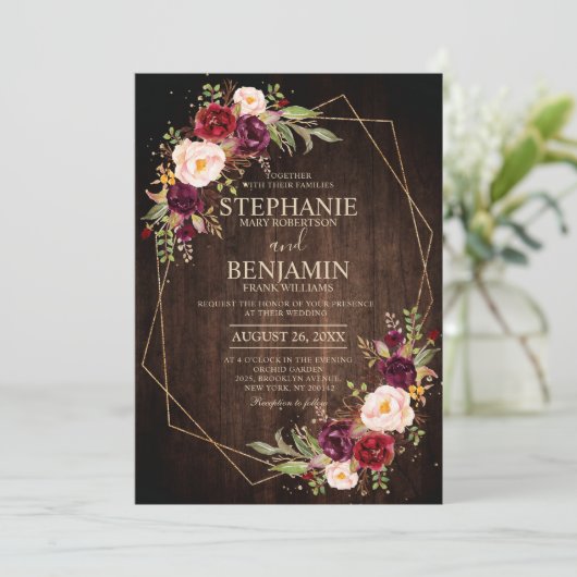 Invitation Burgundy Blush Floral moderne Mariage géométrique (Debout devant)