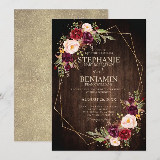 Invitation Burgundy Blush Floral moderne Mariage géométrique (Devant / Derrière)