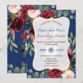 Invitation Burgundy Blush Floral Navy Blue Gold Mariage (Devant / Derrière)