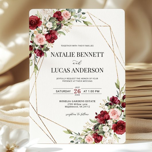 Invitation Burgundy Blush Floral or Mariage géométrique