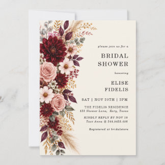 Invitation Burgundy Blush Floral Pampas Grass Mariage Shower
