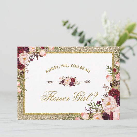 Invitation Burgundy Blush Floral Parties scintillant Fleur fi (Debout devant)