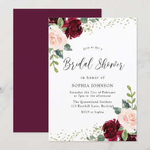 Invitation Burgundy Blush Floral Parties scintillant or Fête