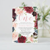 Invitation Burgundy Blush Floral Photo 1er anniversaire fête (Debout devant)