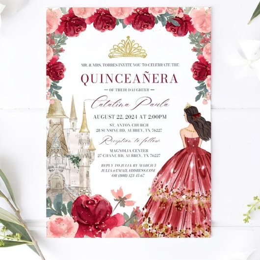 Invitation Burgundy Blush Floral Quinceanera Invitatiatiatiat
